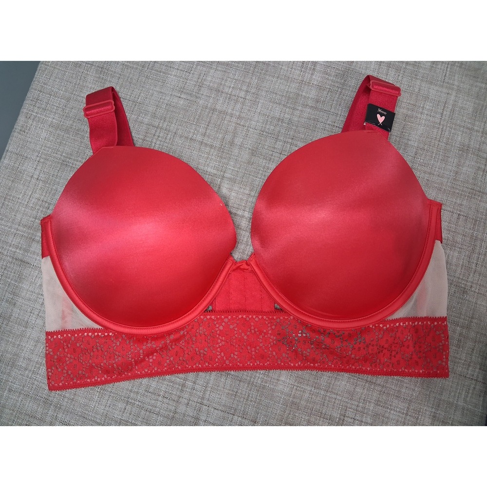 Victoria's Secret Very Sexy Red Satin Lace Longline Push-Up Bra 36DD Cage